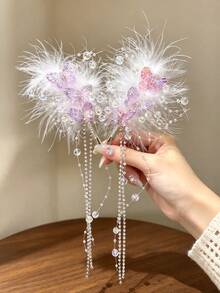 2pcs Iridescent Butterfly Beaded Feather Tassel Hair Clips, 3 Colors Available, Bridal Headpiece For Wedding, Party, Fairy Style - Multicolor - View 6