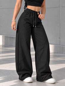 Women's Black Straight Leg Active Pants With Drawstring Waist, Side Pockets And Breathable Panels For Yoga And Training - Black - View 2