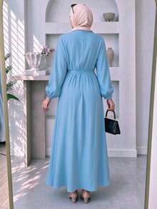 Women's Vertical Pleated Front Button Waist Flowy Long Dress, Elastic Cuffs Casual Elegant Maxi Dress, Suitable For Daily Wear - Baby Blue - View 6