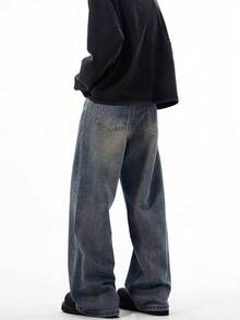 Hearty Haven 1pc Men's Fashion Loose Vintage Nostalgic Washed Wide Leg Versatile Denim Jeans - Kindly Check Size Chart - Dusty Blue - View 6