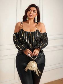 Plus Size Women's Fashion Chain Off-Shoulder Top, Vintage Gold Geometric Rhombus Pattern Foil Print, Long Flared Sleeves, Round Neck, Retro Style, Versatile And Elegant - Black - View 5