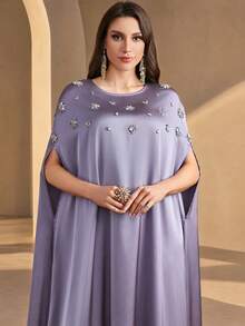 Women's Summer Round Neck Rhinestone Embellished Casual Dress - Purple - View 1