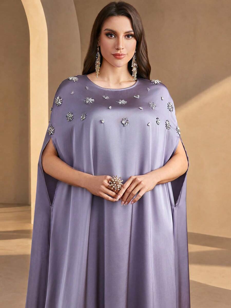 Women's Summer Round Neck Rhinestone Embellished Casual Dress - Purple - View 1