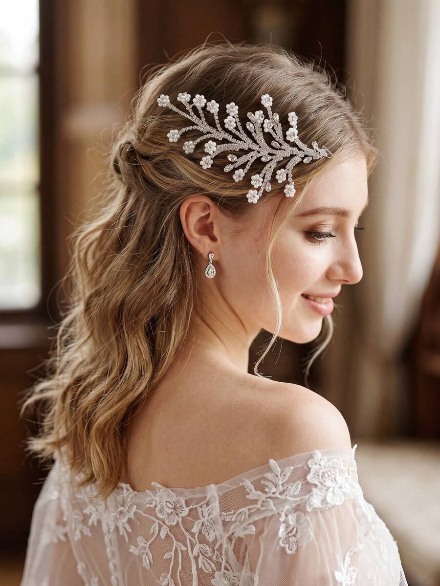 1pc Faux Pearl Rhinestone Flower Leaf Bridal Hair Clip Sparkling Wedding Headpiece
