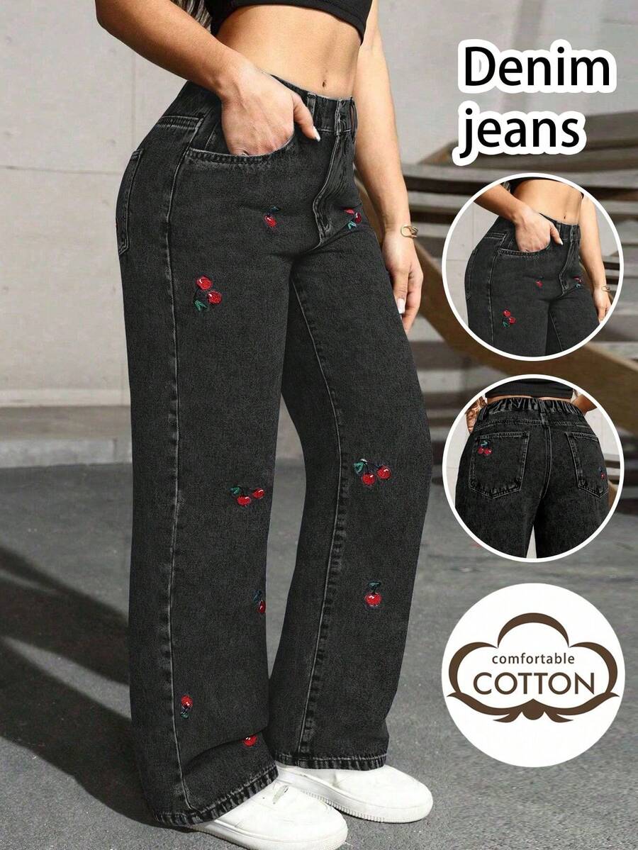 Elegant Cherry Embroidery Fashion Delicate Pocket Button Solid Color Pants, A Slightly Small Size Fall Casual Black