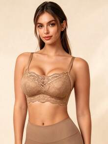 Lilivine Wireless Black Lace Bra, Supportive & Comfortable, Thin Sheer Mesh, Sexy & Alluring For Women, Confidence Boost - Apricot - View 3