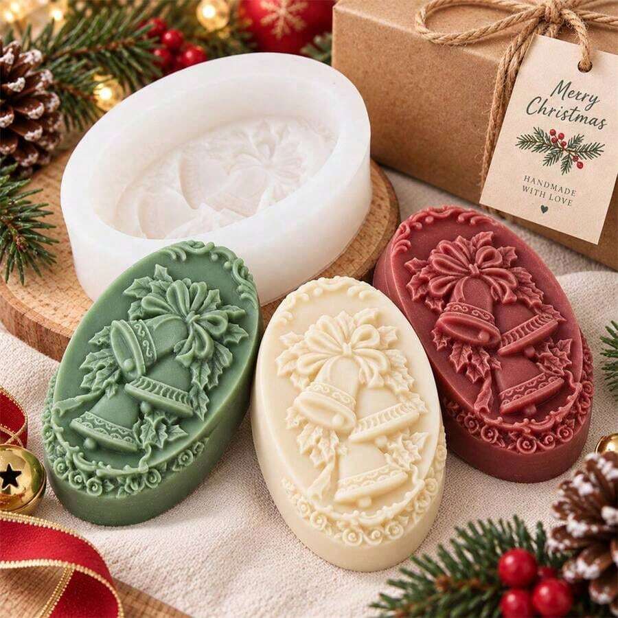 1/2pcs Christmas Bell Silicone Soap Mold, Oval Embossed Bow & Holly Leaf Handmade Soap Mold, DIY Holiday Soap Craft Christmas Gift Mold - Mold - View 1