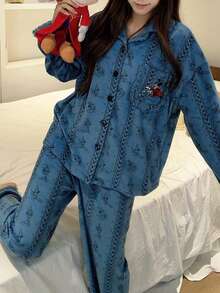 Gongdie 2pcs Disney Mickey Women's Fleece Pajama Set, Blue Plush Loungewear For Autumn/Winter, With Tassel Trim And Pockets - Blue - View 2