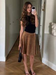 QUNGIGU Women Flared A Line Midi Skirt Suede Vintage Casual Outfits For Fall Winter Going Out Dating Daily Commuting - Brown - View 6