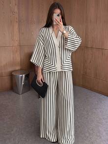 Women's Gradient Stripe Cardigan Drop Shoulder Loose Knit Two Pieces Set, Home Commute Elegant Fall Winter, Casual Set - Multicolor - View 3