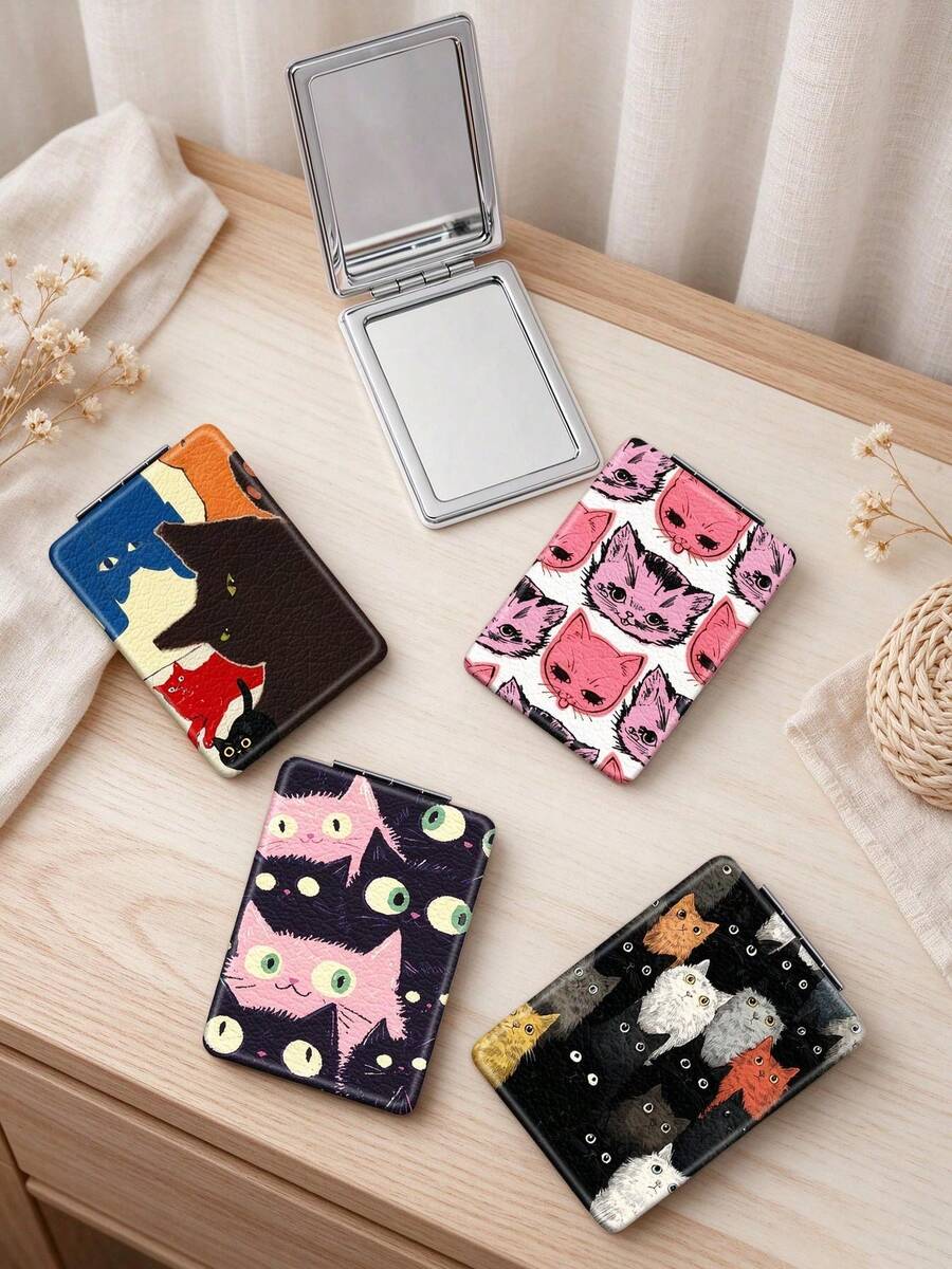1PC Ins Cat Pet Series Portable Folding Makeup Mirror, Lightweight Ultra-Thin Convenient Durable PU Leather, Suitable For Various Occasions Travel Party Work School, Fit For All Age Groups - Multicolor - View 1