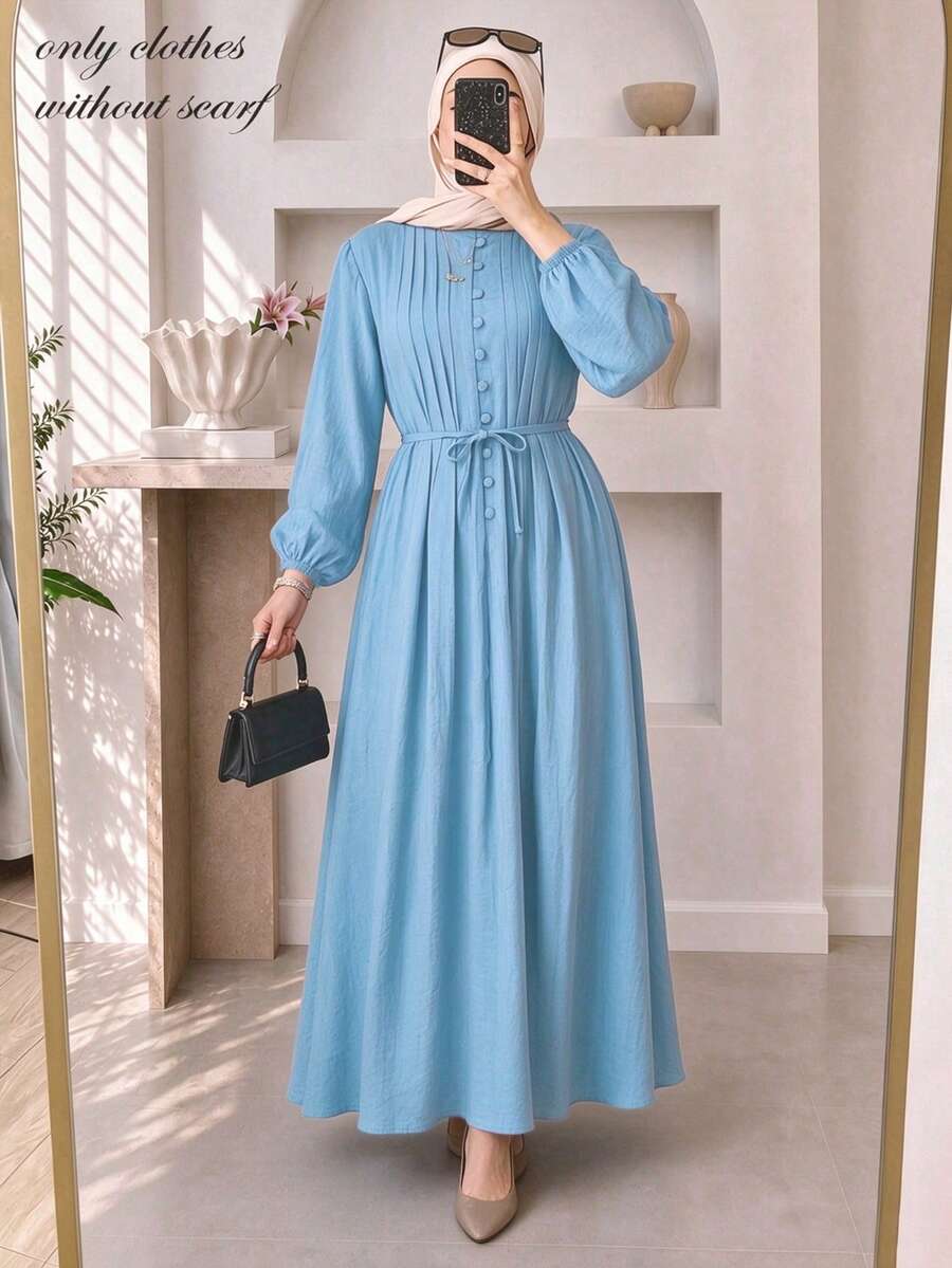 Women's Vertical Pleated Front Button Waist Flowy Long Dress, Elastic Cuffs Casual Elegant Maxi Dress, Suitable For Daily Wear - Baby Blue - View 1