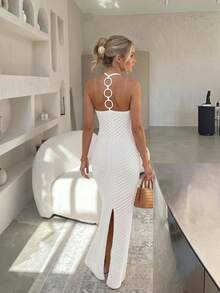 Women's Summer Solid Color Long Sexy Sleeveless Dress With A Back Slit, Back Loop Splicing Design, Fitted Strap Dress, Beach Vacation Style - White - View 2