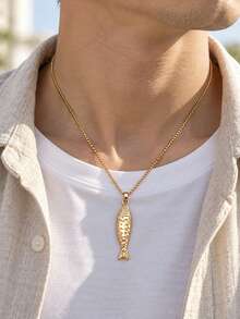 1pc Stainless Steel 18K Gold Plated Oil-Drip Koi Fish Ocean Style Premium Necklace, 3D Fish Element Fashion Design Versatile Men's Necklace - Yellow Gold - View 12