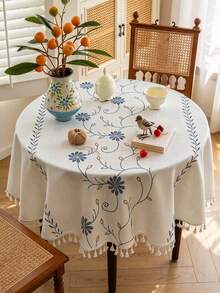 1pc White Floral Vine Pattern Tablecloth, Fresh Romantic Style With Tassel Trim, For Kitchen, Dining Room, Dining Table, Coffee Table, Wedding, Daily Tabletop Decor - Sunflower Blue - View 9