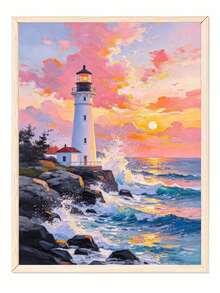 DIY Paint By Numbers Kit, Lighthouse On Rocky Coast At Sunset, Hand-Painted Oil Painting Canvas Wall Art Home Decor Gift - A - View 4