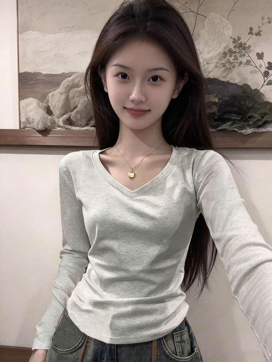 修身美式女式T恤,时尚设计,适合秋冬季休闲穿着 - 淺灰色 - 查看 1