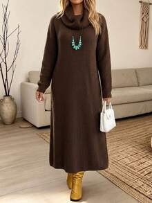 Plus Size Women Solid Color Warm Long Sleeve Ruched Neck Knit Dress, Loose Fit Flattering Everyday Home & Outdoor Versatile Style - Coffee - View 7