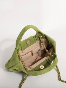 1pc Matcha Green Large Bow Handbag, Textured Velvet Pleated Bag With Chain Strap, Shoulder Bag, Sweet & Spicy Style For Shopping, Dating, Afternoon Tea - Green - View 9
