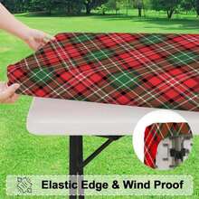 1pc Elastic Tablecloth, Christmas Snowflake Patchwork Table Cover, Red And Green Plaid Snowflake Print, With Elastic Band Edge, Rectangular Polyester Tablecloth, Suitable For Holiday Party Dining Decoration, Can Be Used As Gift - A - View 6