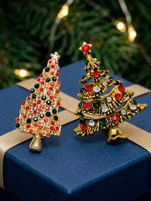 2PCS Vintage Rhinestone Christmas Tree Brooch Set Gold Tone Crystal Festive Holiday Party Lapel Pin Women Jewelry Accessories Secret Santa Gift - Multicolor - View 4