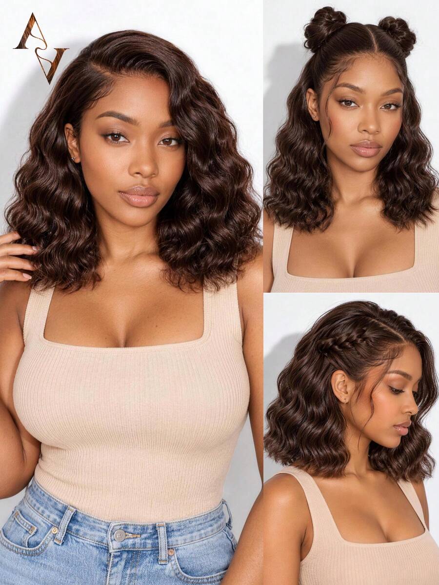 ARABELLA Bob Wigs Dark Brown 13x5 Lace Frontal Wigs Deep Curly Transparent Lace 100% Human Hair Glueless Wig With Drawstring Pre-Bleached Knots Pre-Plucked Hairline Beginner Friendly - S4 - View 1