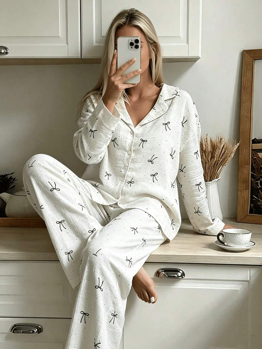 Nina Bonheur 2pcs Women Loose Comfortable Breathable Long Sleeve Top And Long Pants Pajama Set