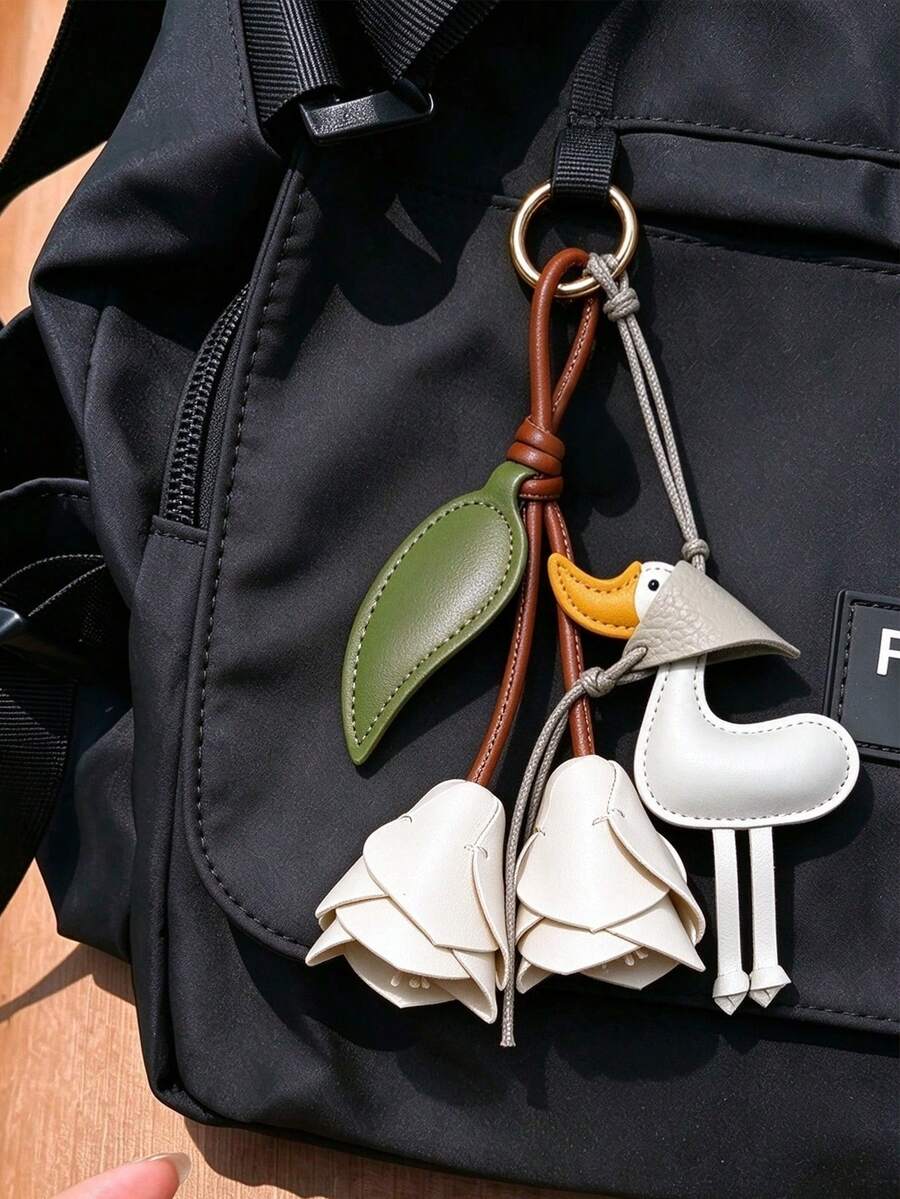 Lucky Tulip Flower And Duck Charm Backpack Pendant, PU Leather Bag Charm And Keychain, Original Handmade Item, Uniquely Woven Anti-Lost Backpack Charm - White - View 1