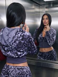 Women's Casual Fleece Velvet Leopard Print Zip-Up Cropped Long Sleeve Hoodies For Daily Wear,Fall Winter Clothes,Winter Fall Outfit,Going Out Tops - Purple - View 1