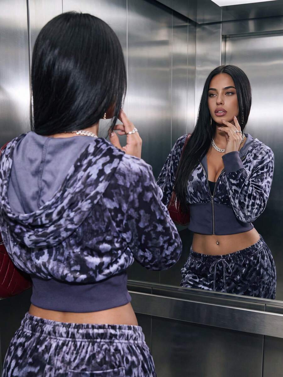 Women's Casual Fleece Velvet Leopard Print Zip-Up Cropped Long Sleeve Hoodies For Daily Wear,Fall Winter Clothes,Winter Fall Outfit,Going Out Tops - Purple - View 1