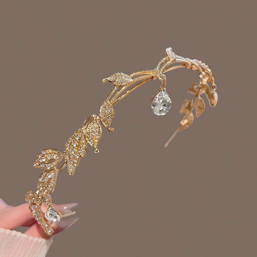 Halloween Cosplay Party | Women's Soft Elf Ear Headband | Magical Forest Floral Headpiece | Christmas Party Queen Crown - Gold - View 1