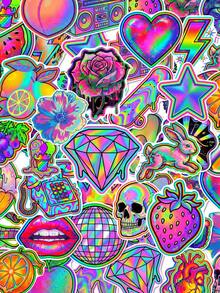 50Pcs PP Neon Subculture Dream Stickers, Cyber Neon Y2K Style, Including Iridescent Hearts, Diamonds, Roses, Fruits, Flowers, Lightnings, Retro Speakers, Disco Ball Elements, For Journal Collage, Water Bottle, Notebook, Storage Box, DIY Craft Decor - Multicolor - View 8