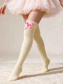 1 Pair Plus Size Bow Lace Trim Over-Knee Socks, Cutout & Stretchy For Parties, Must-Have - Multicolor - View 4
