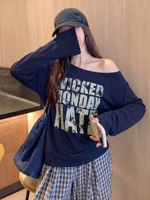 Kaos Lengan Panjang Bahu Asimetris Gaya Y2K Hot Girl dengan Cetakan Huruf Rusak untuk Wanita, Atasan Niche untuk Musim Gugur/Dingin - Royal Blue - View 2