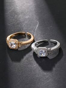 1件時尚方形立方鋯石女款開口戒指，鍍金/鍍銀雙色可選，可調節開口設計，適合日常佩戴，完美禮物選擇，開齋節禮物，宰牲節分發 - 金色 - 查看 3