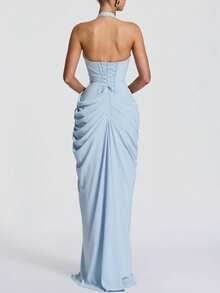 Sexy Romantic Chiffon Asymmetrical Slit Evening Dress For Party And Date, Autumn - Blue - View 3