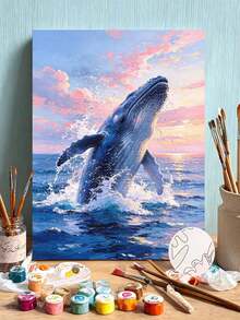 DIY Paint By Numbers Kit, Whale Jumping Out Of Sea At Sunset, Impasto Oil Painting Canvas Wall Art Home Decor Gift - A - View 1
