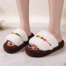 Women's Plush Open Toe Slide Slippers, Colorful Beaded Decor Wide Strap, Thick Platform Sole Warm Fuzzy Home Beach Slippers - Multicolor - View 4