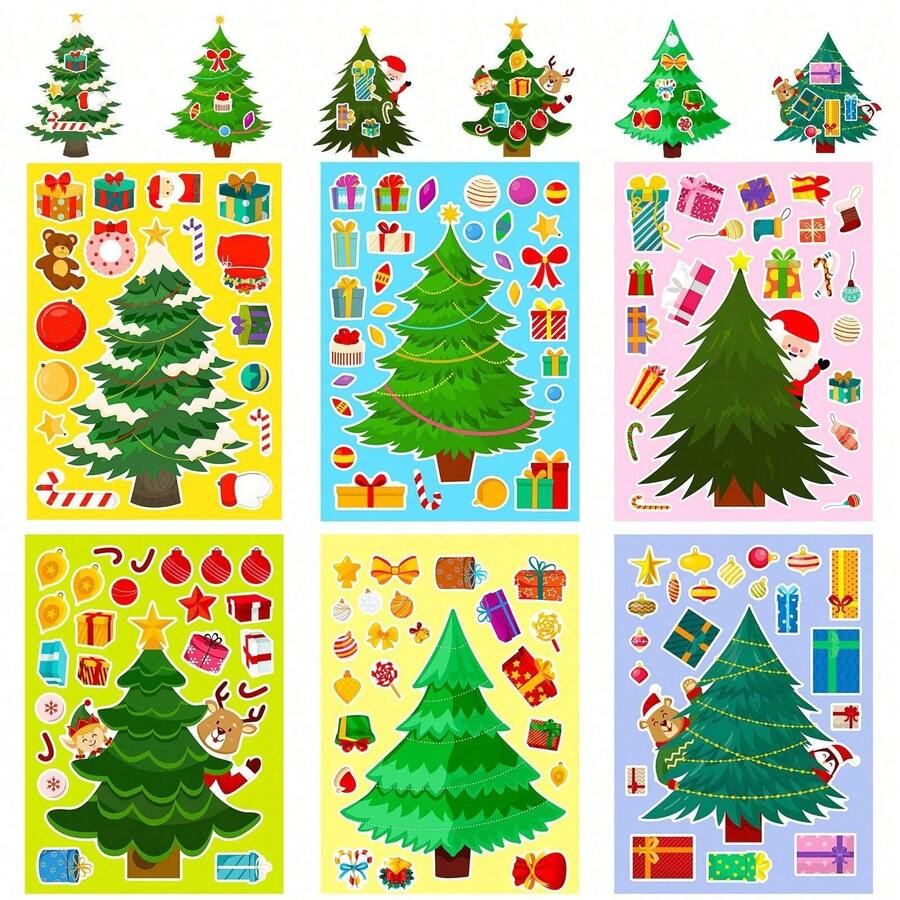 6Sheets Christmas Tree Puzzle Stickers For Kids, Make‑Your‑Own Christmas Tree Mix And Match Sticker Sheets, DIY Decorate Xmas Tree With Ornaments Gift Decals, Christmas Party Favors Children Craft Activities - Multicolor - View 1