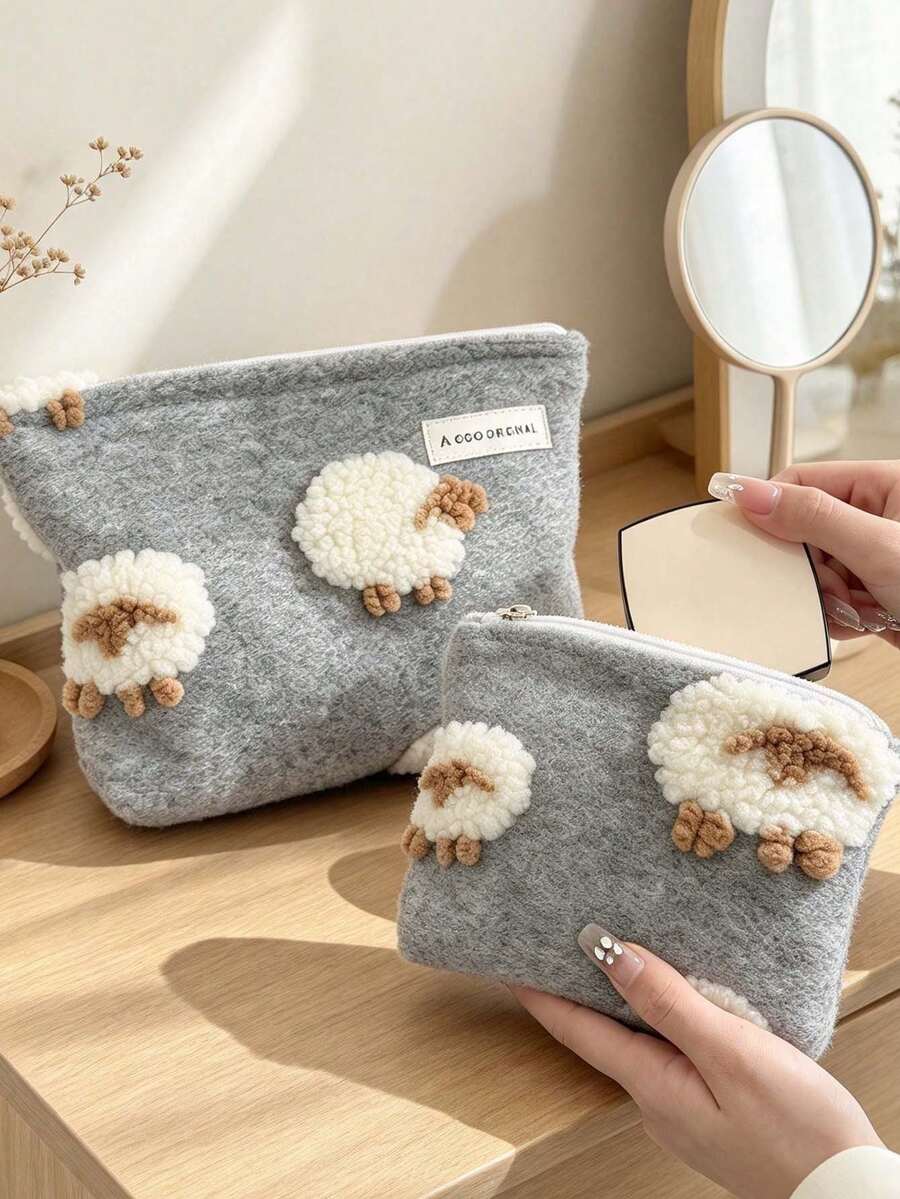 3pcs Lamb Wool Makeup Bag Cosmetic Storage Pouch Inner Lining Bag Red Portable Large Capacity Handbag