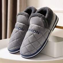 Zapatillas de casa para hombre, zapatillas cerradas de invierno, acolchado en rombos, decoración de letras bordadas, forro abrigado, suela antideslizante para uso doméstico - Gris - Ver 1