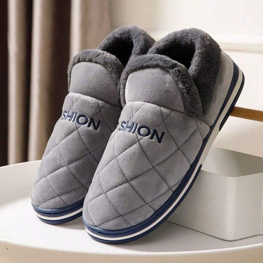 Zapatillas de casa para hombre, zapatillas cerradas de invierno, acolchado en rombos, decoración de letras bordadas, forro abrigado, suela antideslizante para uso doméstico - Gris - Ver 1