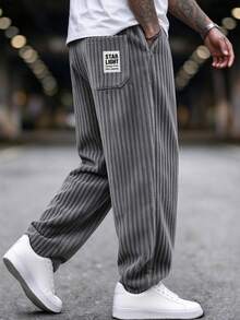 Men's Casual Letter Print Corduroy Loose Straight Leg Pants - Grey - View 1