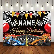 Customizable Name Racing Car Theme Happy Birthday Backdrop, Racing Flame Black & White Checkered Flag Balloon Decor Design, Suitable For Racing Car Theme Happy Birthday Cake Table Background Decoration Photography Banner Vinyl - Black - View 8