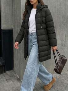 Women's Quilted Hooded Long Puffer Coat - Black - View 4