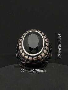 1 chiếc nhẫn viền đính hạt khắc hoa văn vintage, đá nhân tạo đen oval đa mặt, chạm khắc chi tiết họa tiết retro, đai nhẫn màu bạc - màu đen - Xem 2