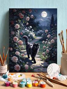 DIY Paint By Numbers Kit, Black Cat In Moonlit Rose Garden Oil Painting Canvas Wall Art Home Decor Gift - A - View 1