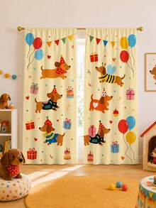 2Pcs Cartoon Dachshund Birthday Party Print Pattern Curtains, Fun Cartoon Semi-Sheer Rod Pocket Window Decor, Suitable For Living Room And Bedroom, Rod Not Included, Machine Washable - Dachshund - View 8