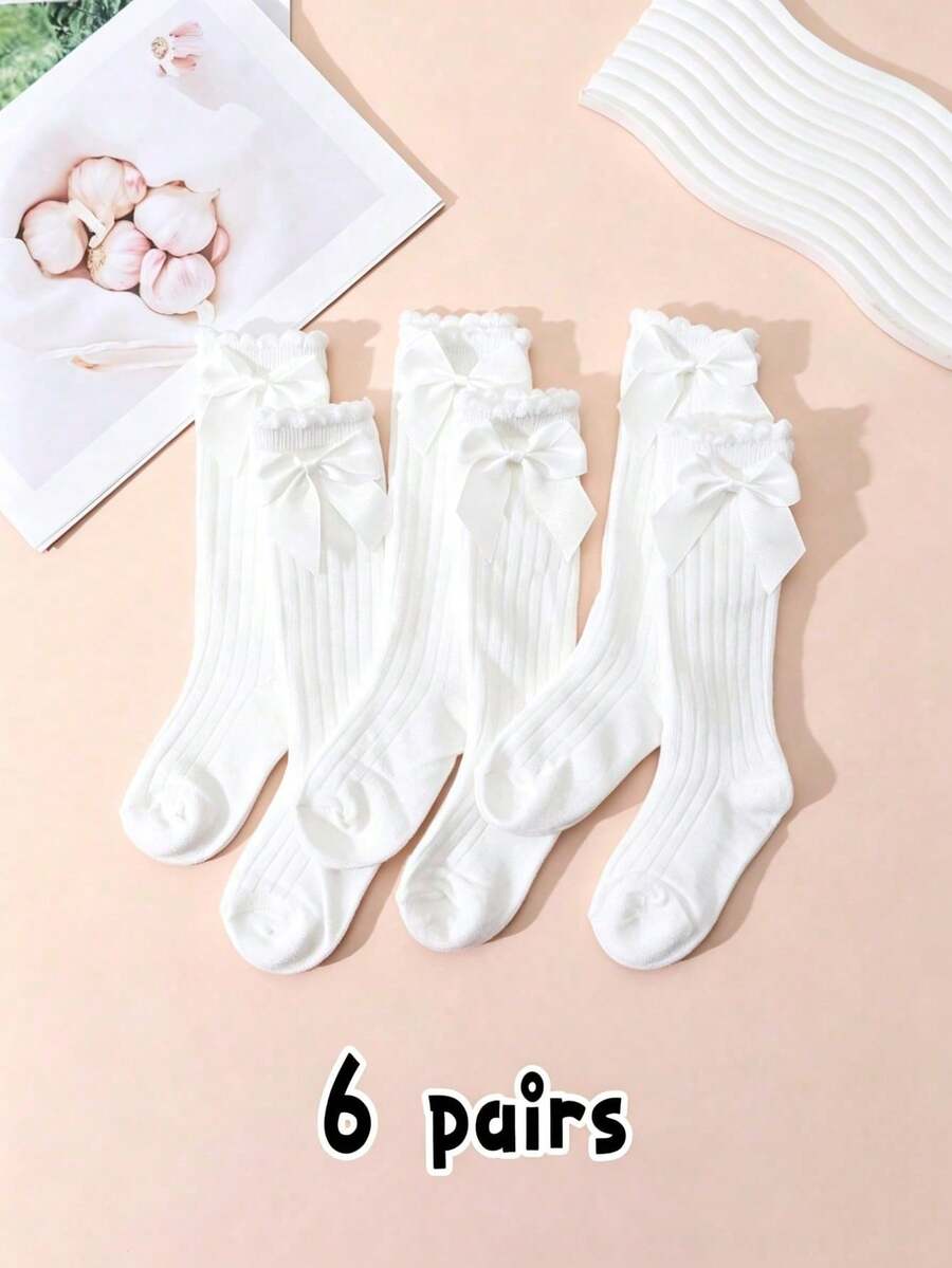 6雙女嬰襪,大蝴蝶結公主風長筒鬆口襪,適合女學生公主風穿搭 - 彩色 - 查看 1