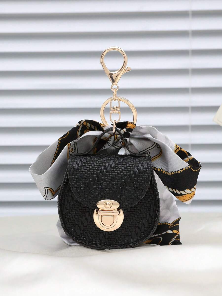 Holiday Gift Travel Bag Charm Accessory, Mini Transparent Earphone Pouch Pendant, Novelty Mini Silk Scarf Coin Purse - Black - View 1